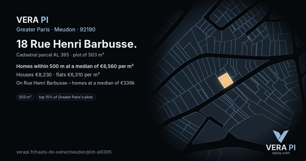 18 Rue Henri Barbusse, Meudon at night – the plot lit, the parcels around coloured by the prices near them