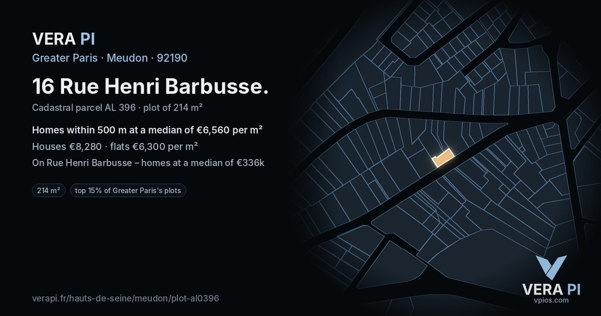 16 Rue Henri Barbusse, Meudon at night – the plot lit, the parcels around coloured by the prices near them