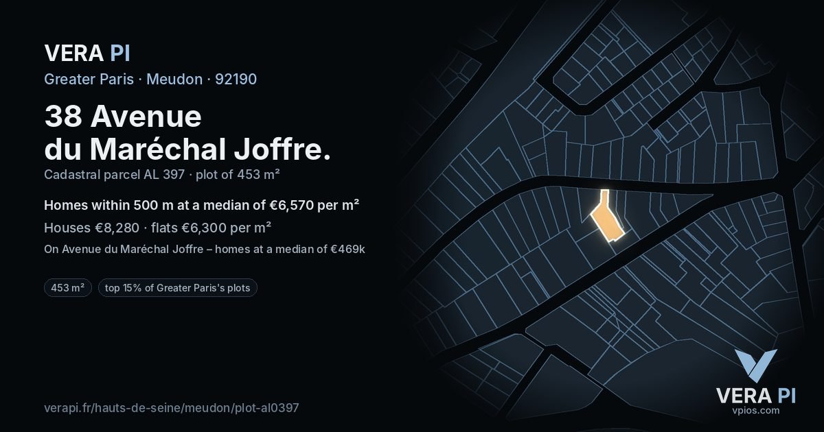 38 Avenue du Maréchal Joffre, Meudon at night – the plot lit, the parcels around coloured by the prices near them