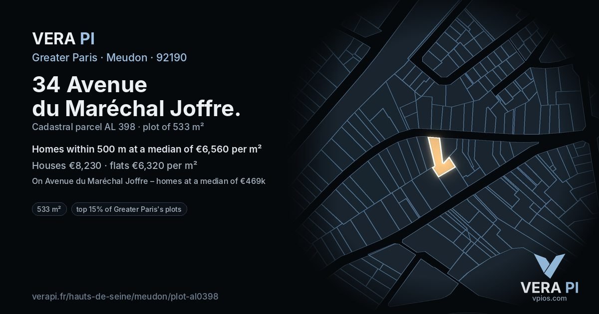 34 Avenue du Maréchal Joffre, Meudon at night – the plot lit, the parcels around coloured by the prices near them