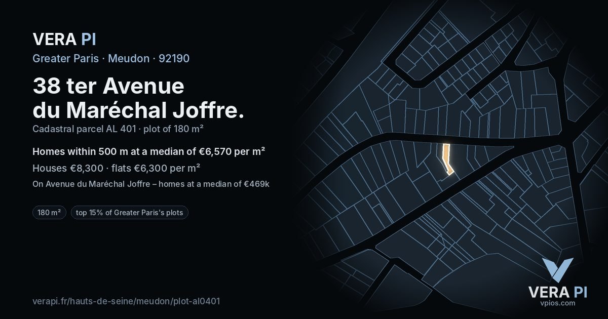 38 ter Avenue du Maréchal Joffre, Meudon at night – the plot lit, the parcels around coloured by the prices near them