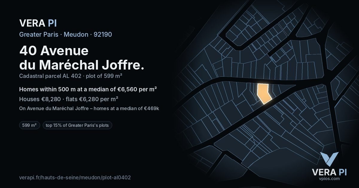 40 Avenue du Maréchal Joffre, Meudon at night – the plot lit, the parcels around coloured by the prices near them