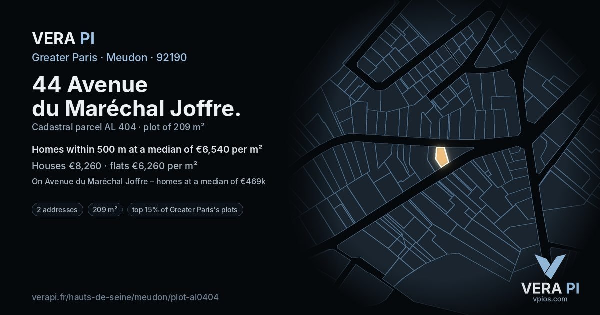 44 Avenue du Maréchal Joffre, Meudon at night – the plot lit, the parcels around coloured by the prices near them