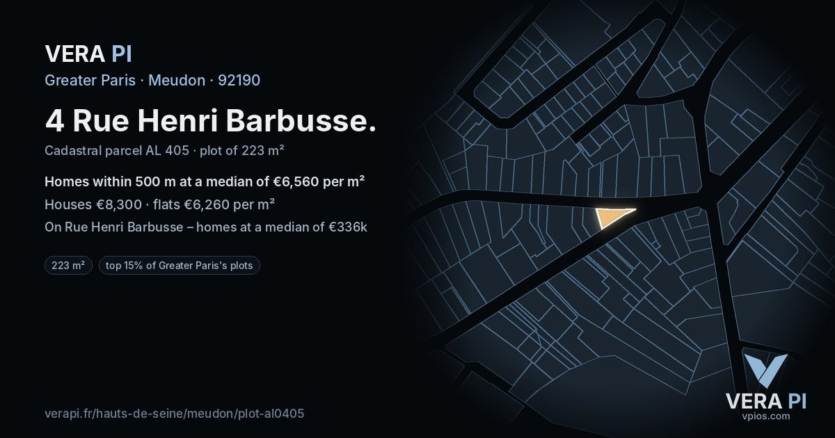 4 Rue Henri Barbusse, Meudon at night – the plot lit, the parcels around coloured by the prices near them