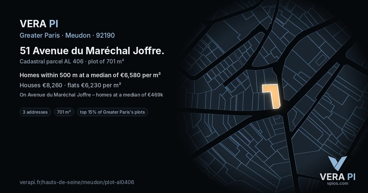 51 Avenue du Maréchal Joffre, Meudon at night – the plot lit, the parcels around coloured by the prices near them