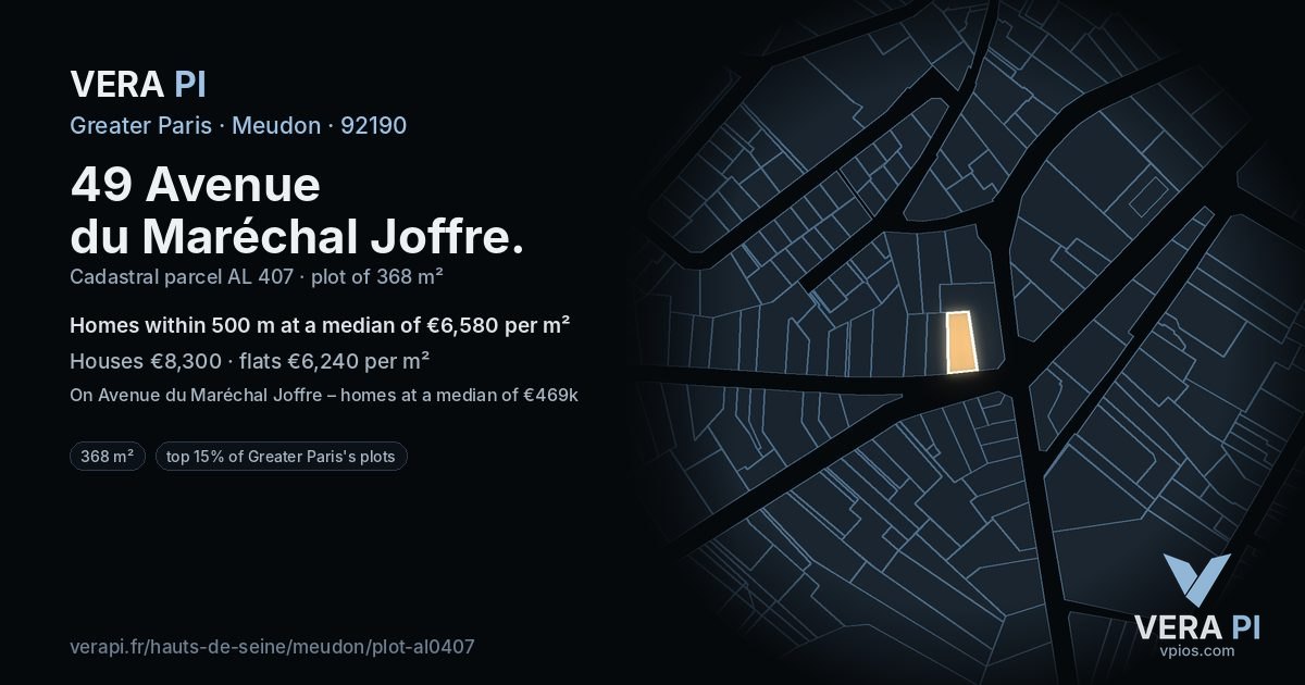 49 Avenue du Maréchal Joffre, Meudon at night – the plot lit, the parcels around coloured by the prices near them