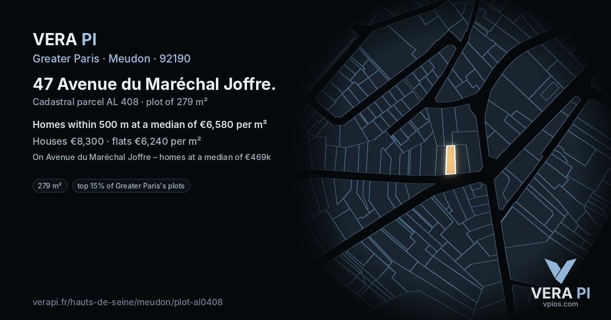 47 Avenue du Maréchal Joffre, Meudon at night – the plot lit, the parcels around coloured by the prices near them