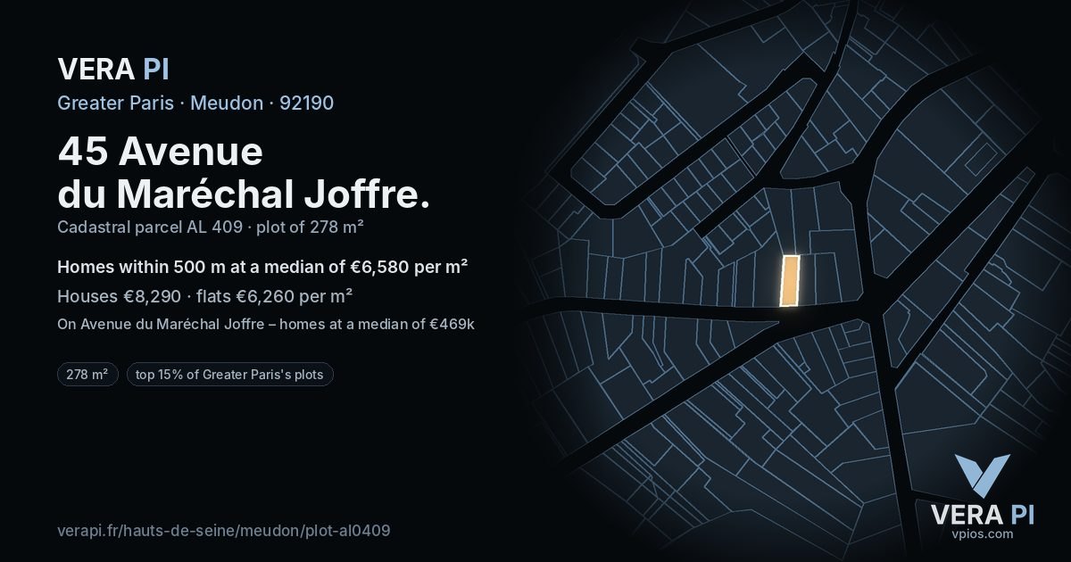 45 Avenue du Maréchal Joffre, Meudon at night – the plot lit, the parcels around coloured by the prices near them