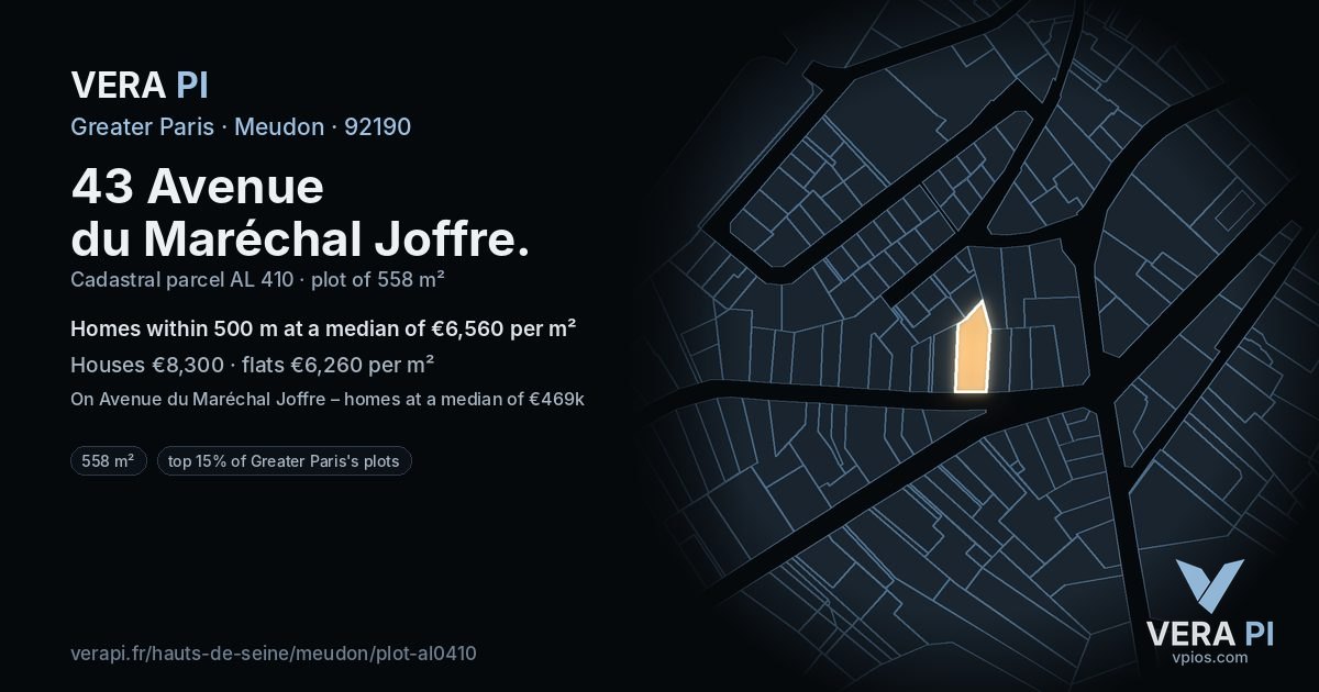 43 Avenue du Maréchal Joffre, Meudon at night – the plot lit, the parcels around coloured by the prices near them