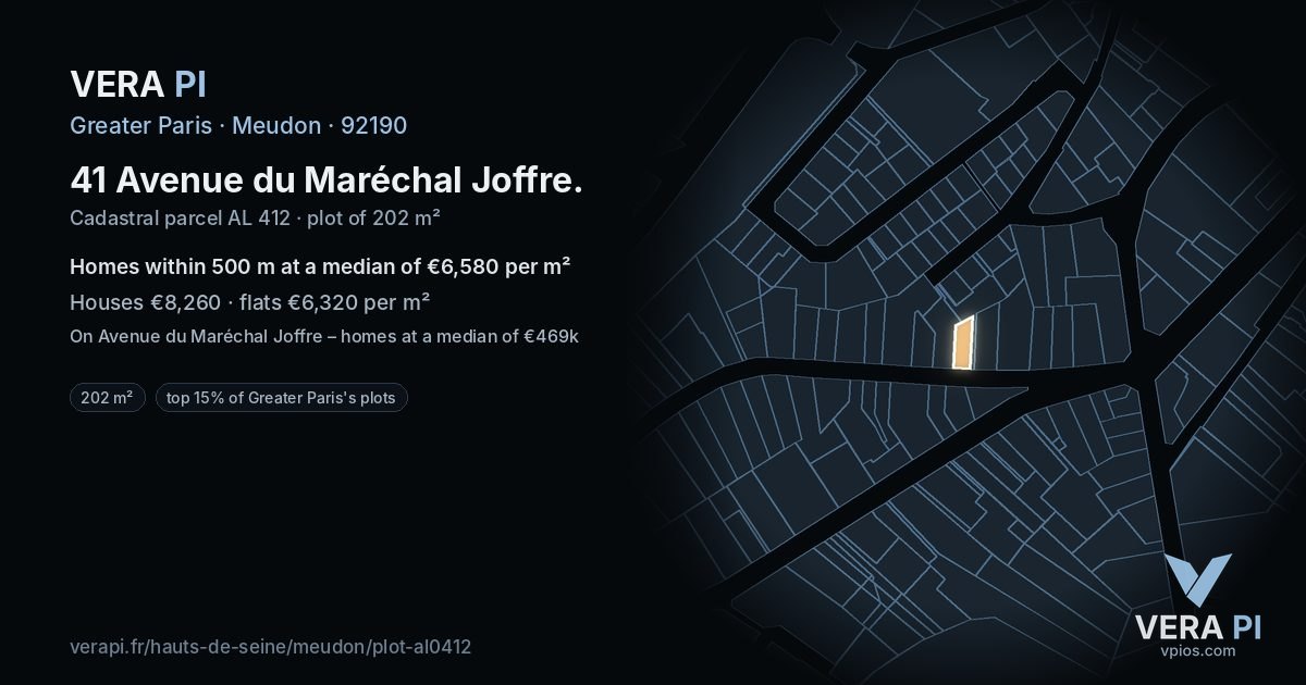 41 Avenue du Maréchal Joffre, Meudon at night – the plot lit, the parcels around coloured by the prices near them