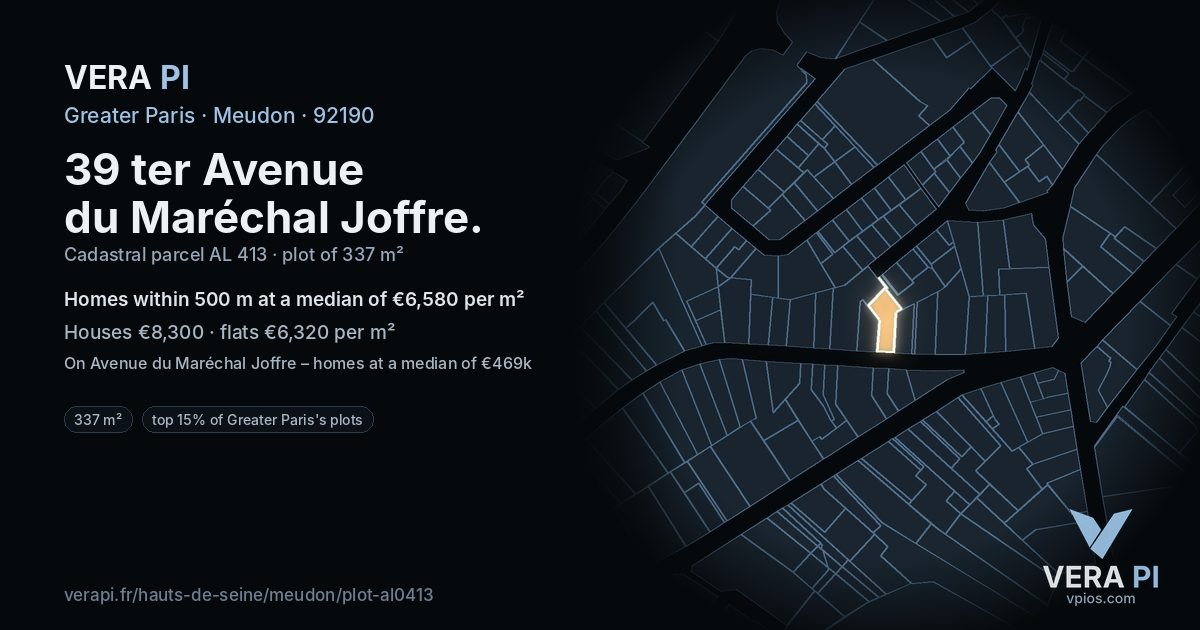 39 ter Avenue du Maréchal Joffre, Meudon at night – the plot lit, the parcels around coloured by the prices near them