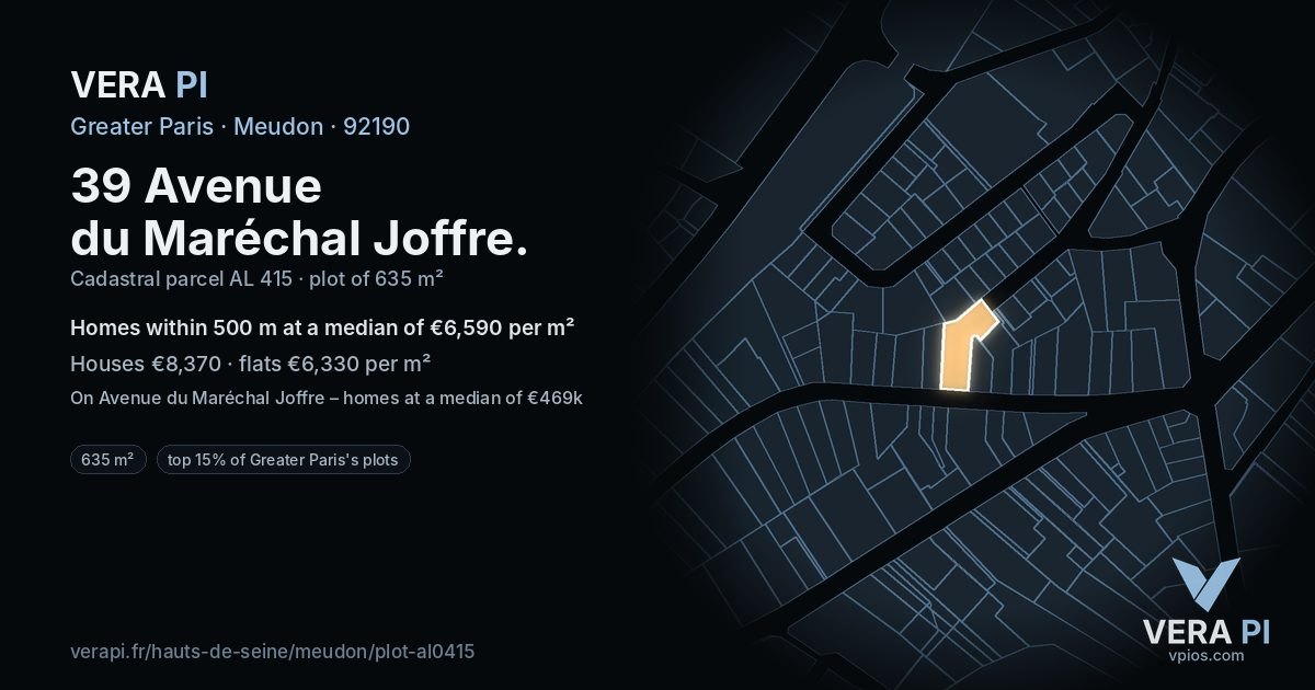 39 Avenue du Maréchal Joffre, Meudon at night – the plot lit, the parcels around coloured by the prices near them