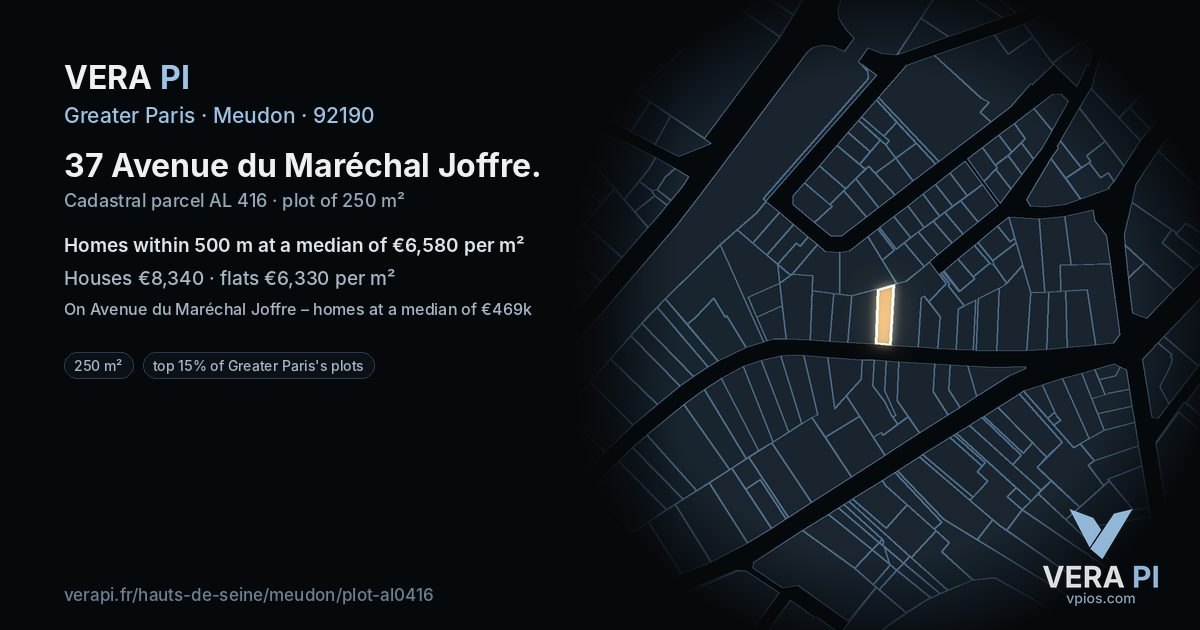 37 Avenue du Maréchal Joffre, Meudon at night – the plot lit, the parcels around coloured by the prices near them