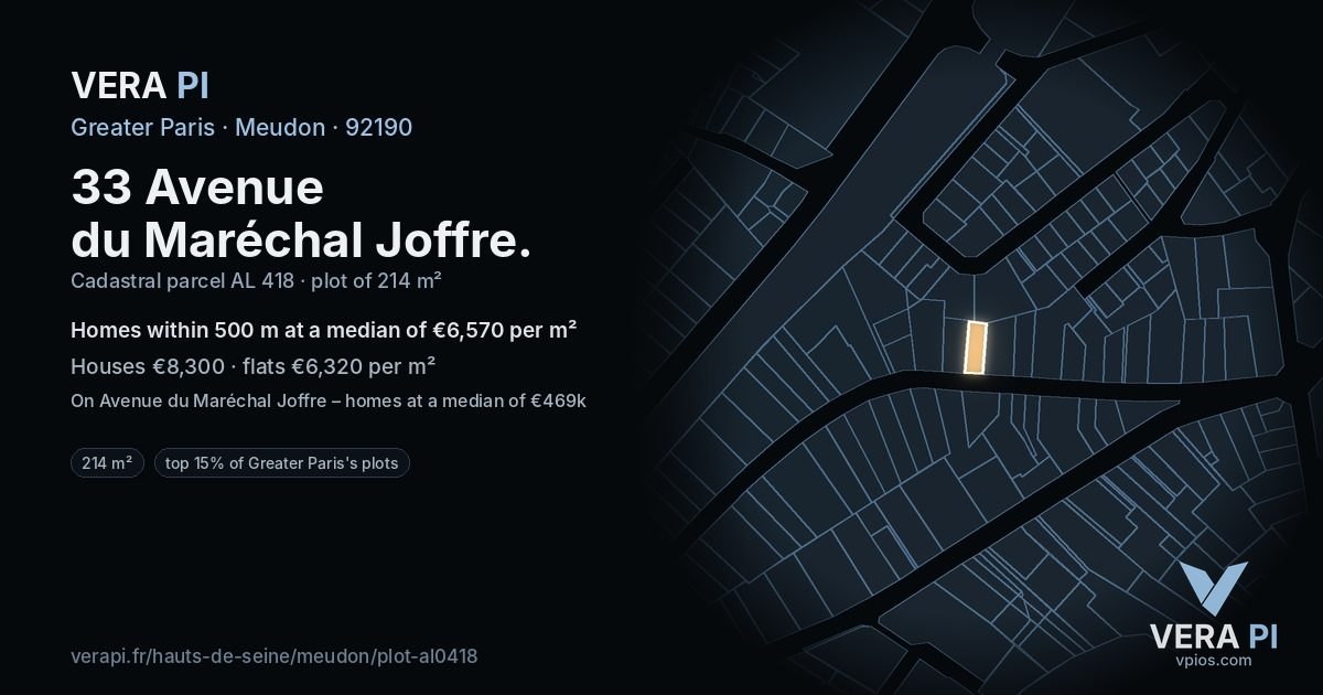 33 Avenue du Maréchal Joffre, Meudon at night – the plot lit, the parcels around coloured by the prices near them