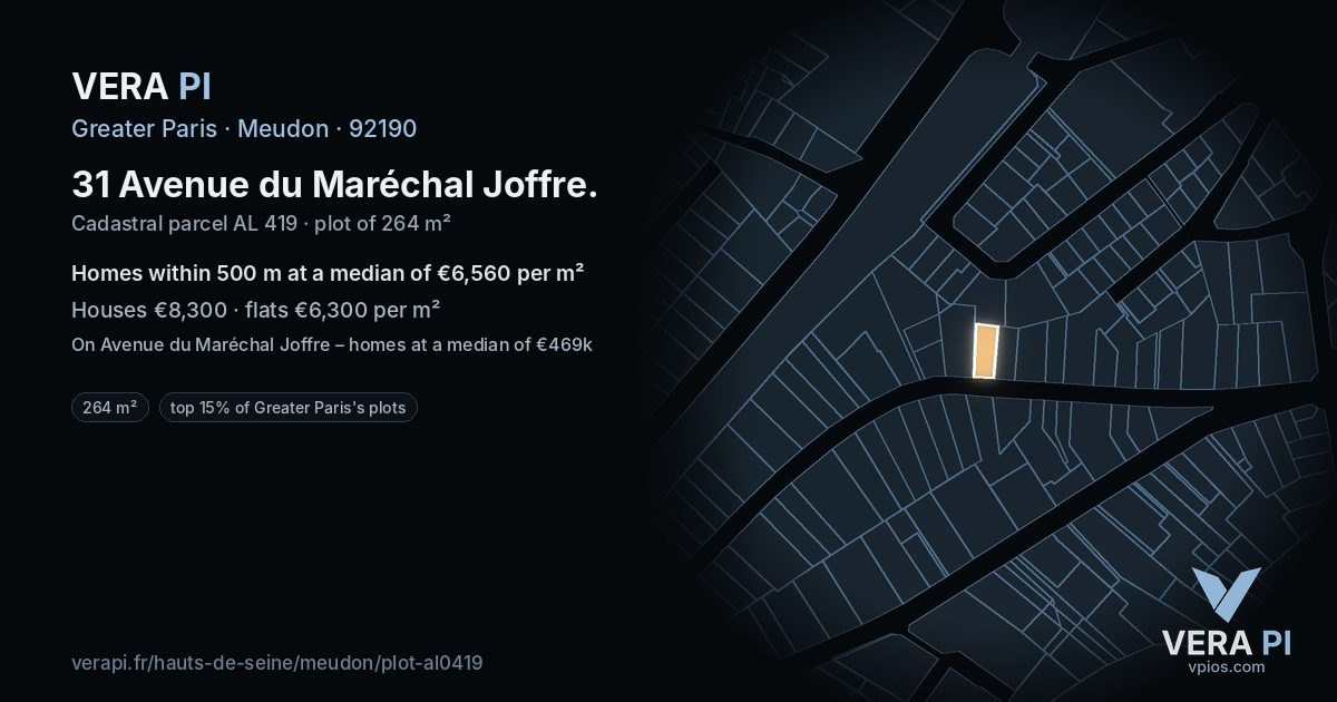 31 Avenue du Maréchal Joffre, Meudon at night – the plot lit, the parcels around coloured by the prices near them