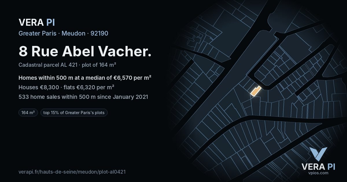 8 Rue Abel Vacher, Meudon at night – the plot lit, the parcels around coloured by the prices near them