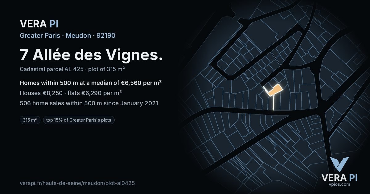 7 Allée des Vignes, Meudon at night – the plot lit, the parcels around coloured by the prices near them