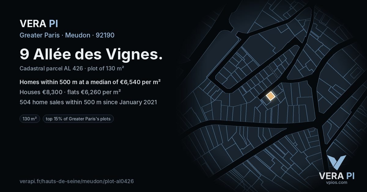 9 Allée des Vignes, Meudon at night – the plot lit, the parcels around coloured by the prices near them