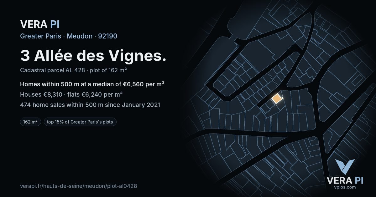 3 Allée des Vignes, Meudon at night – the plot lit, the parcels around coloured by the prices near them