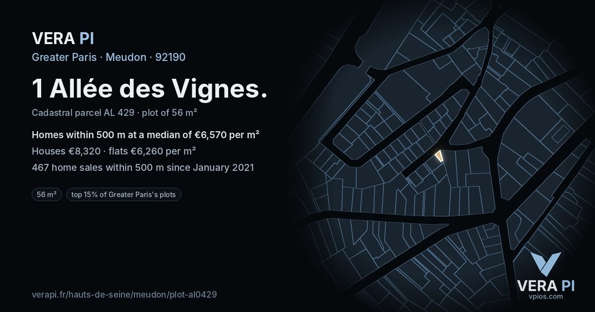1 Allée des Vignes, Meudon at night – the plot lit, the parcels around coloured by the prices near them