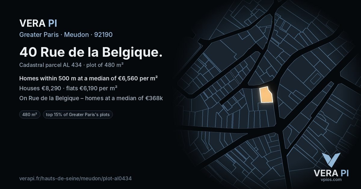 40 Rue de la Belgique, Meudon at night – the plot lit, the parcels around coloured by the prices near them