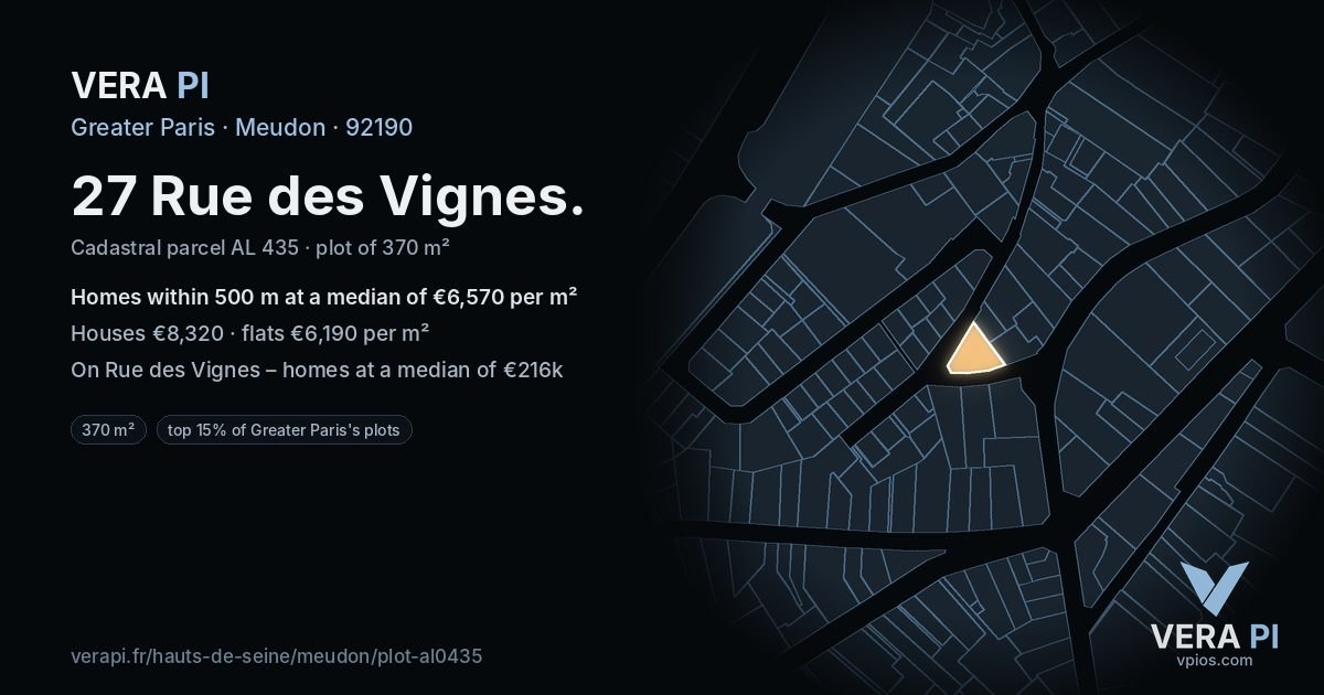 27 Rue des Vignes, Meudon at night – the plot lit, the parcels around coloured by the prices near them