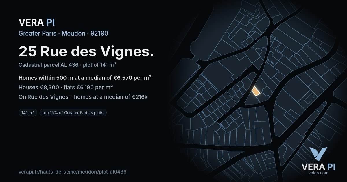 25 Rue des Vignes, Meudon at night – the plot lit, the parcels around coloured by the prices near them