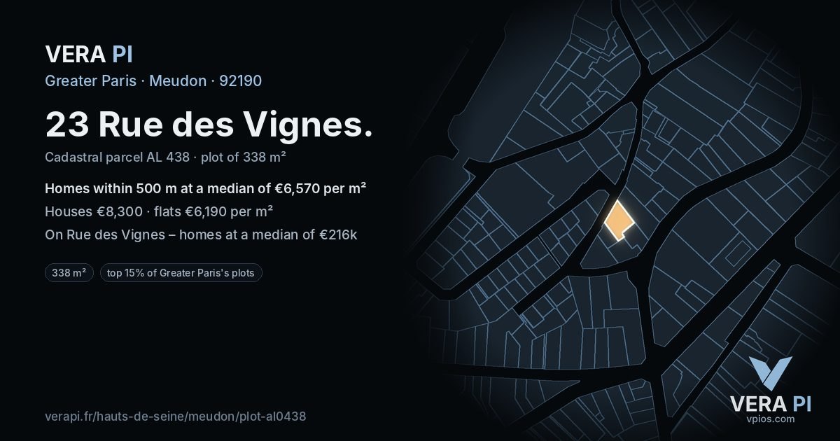 23 Rue des Vignes, Meudon at night – the plot lit, the parcels around coloured by the prices near them