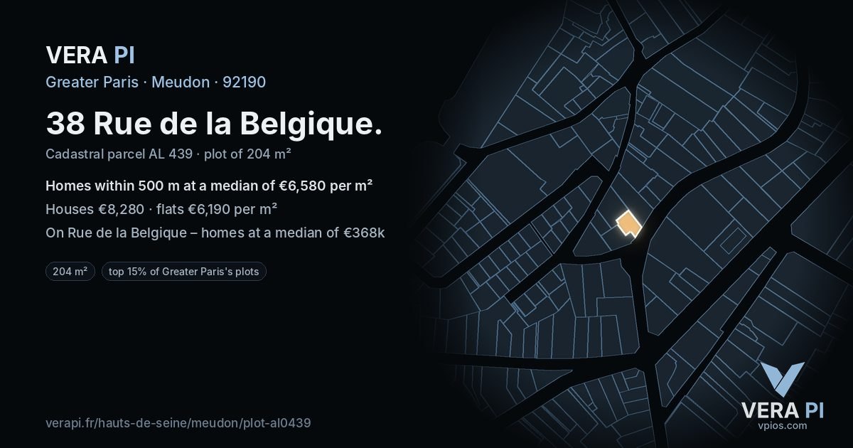 38 Rue de la Belgique, Meudon at night – the plot lit, the parcels around coloured by the prices near them