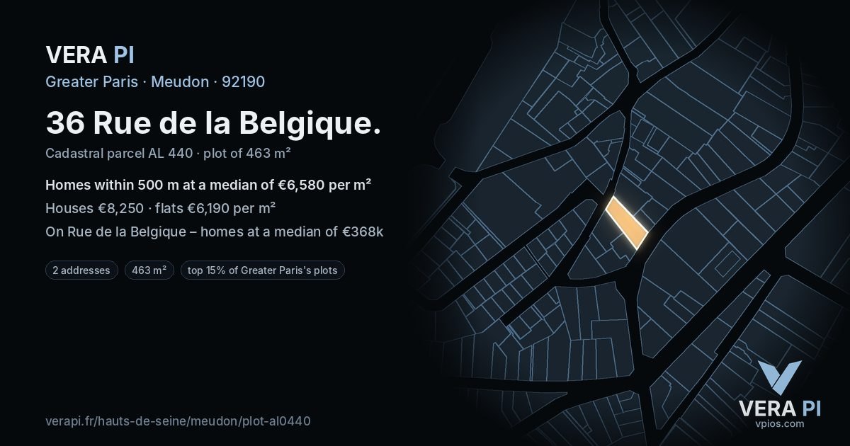 36 Rue de la Belgique, Meudon at night – the plot lit, the parcels around coloured by the prices near them