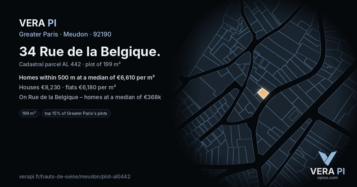 34 Rue de la Belgique, Meudon at night – the plot lit, the parcels around coloured by the prices near them