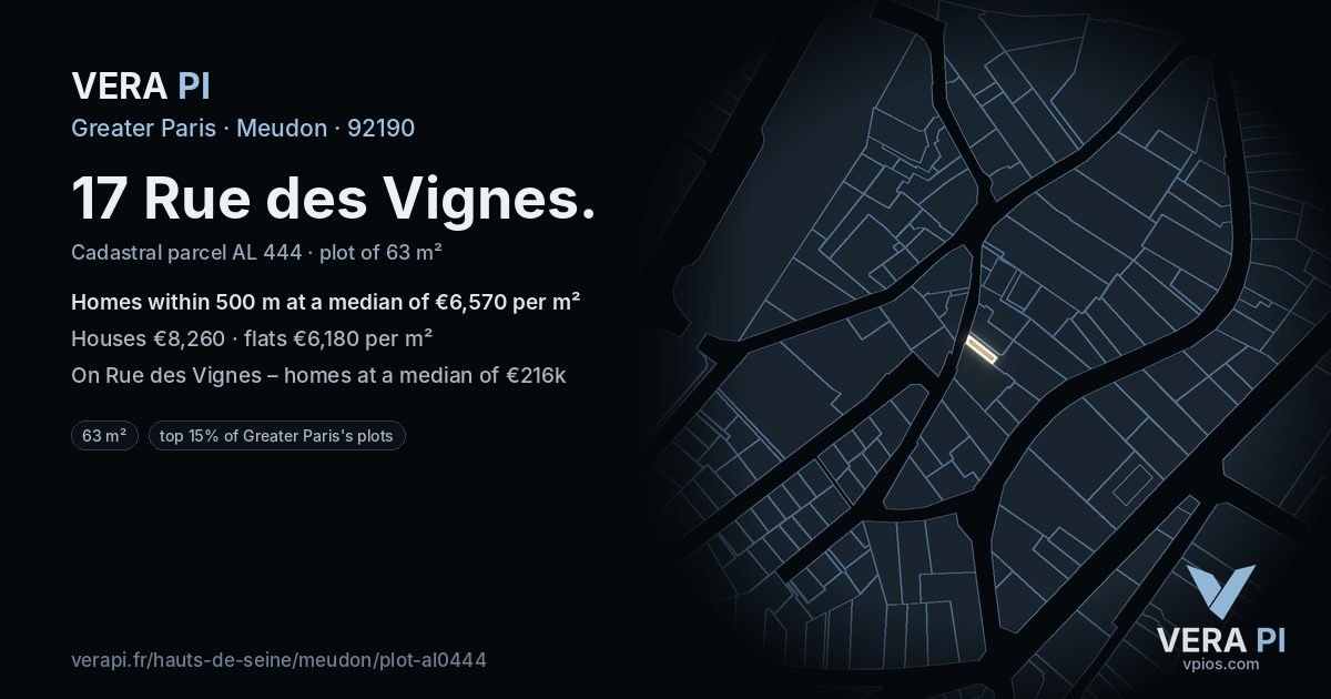 17 Rue des Vignes, Meudon at night – the plot lit, the parcels around coloured by the prices near them