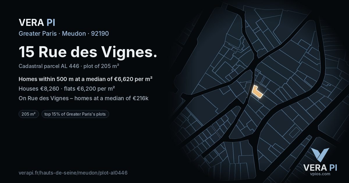 15 Rue des Vignes, Meudon at night – the plot lit, the parcels around coloured by the prices near them