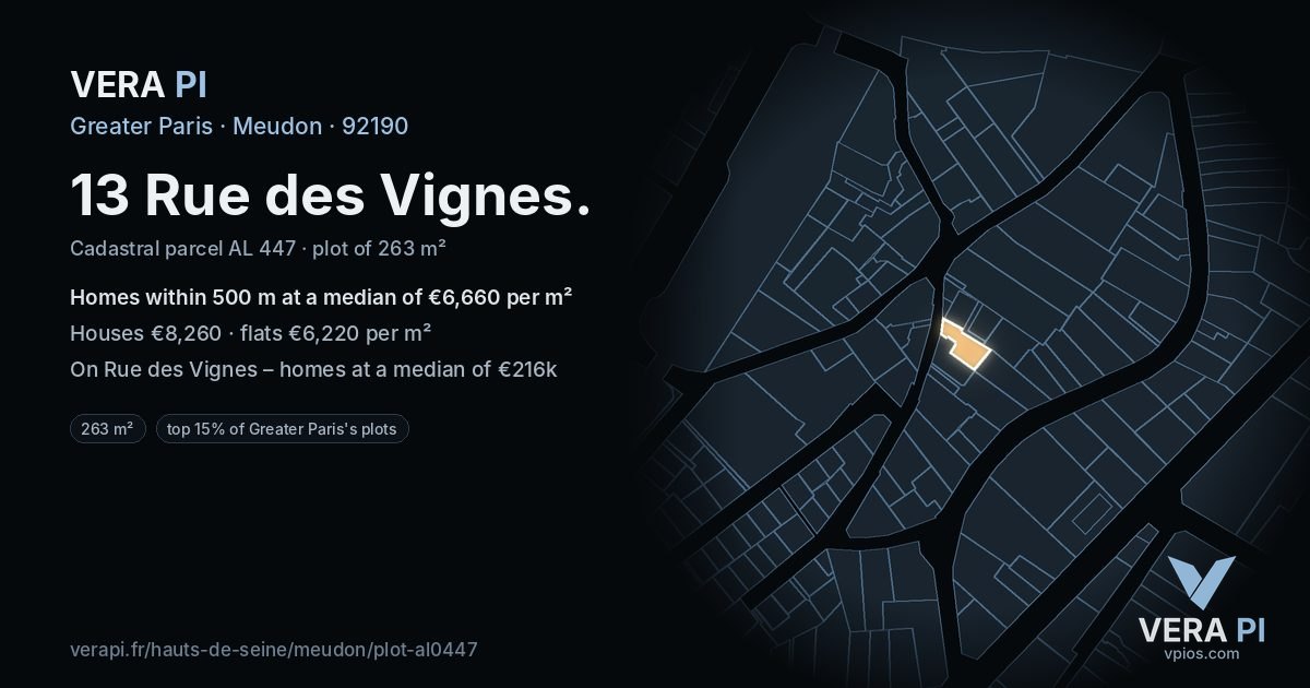 13 Rue des Vignes, Meudon at night – the plot lit, the parcels around coloured by the prices near them