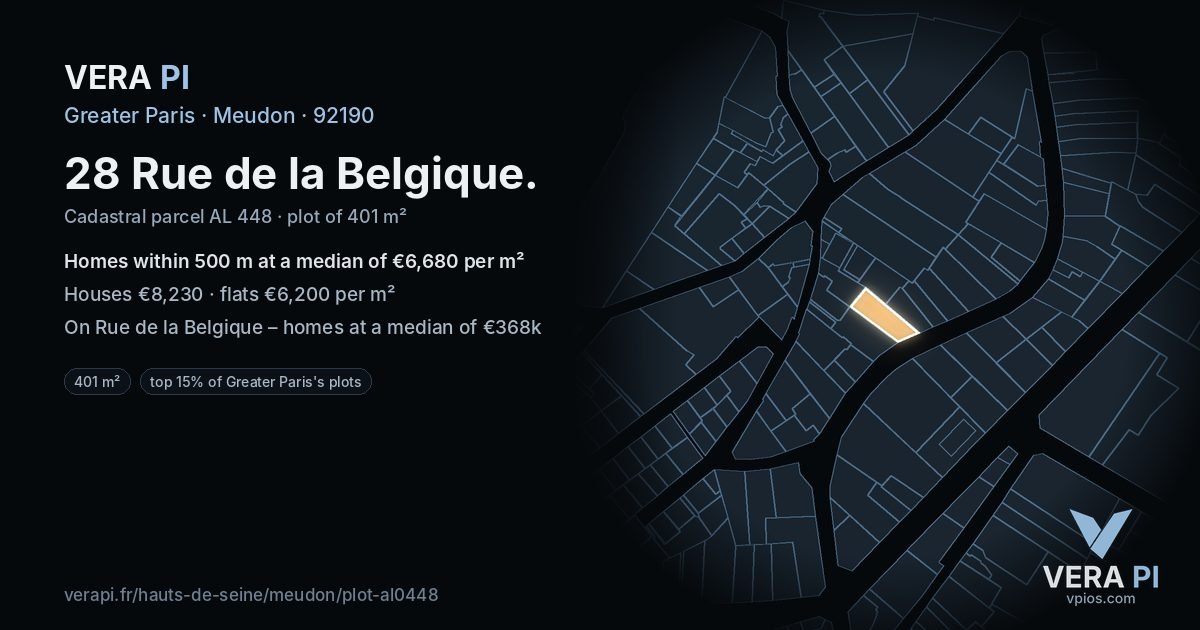 28 Rue de la Belgique, Meudon at night – the plot lit, the parcels around coloured by the prices near them