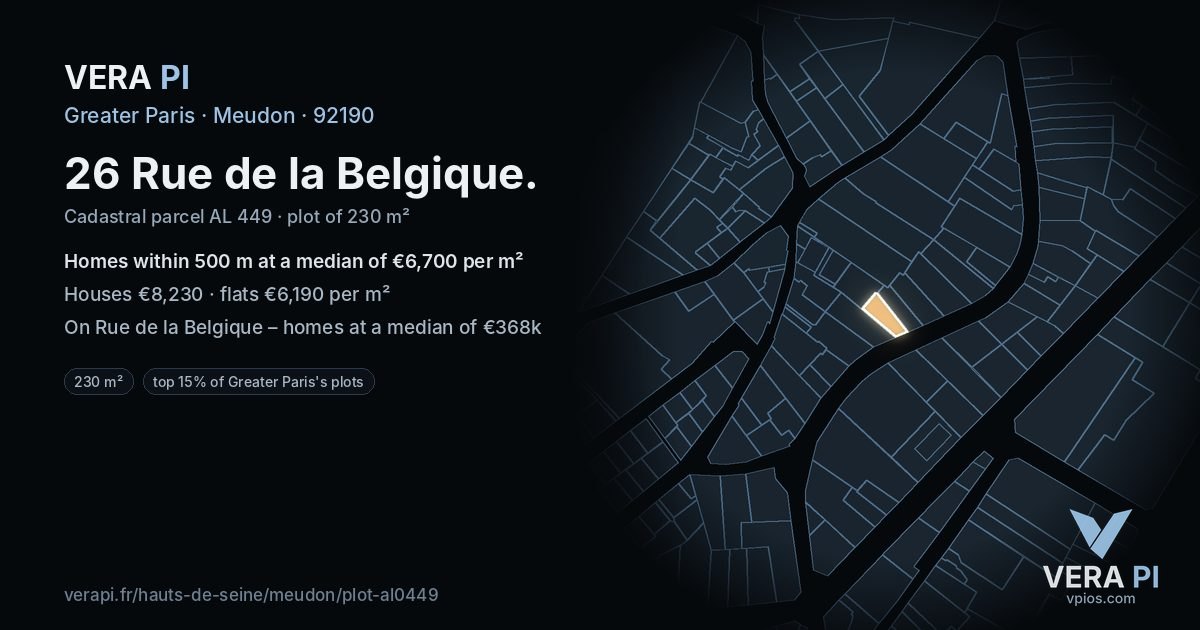 26 Rue de la Belgique, Meudon at night – the plot lit, the parcels around coloured by the prices near them