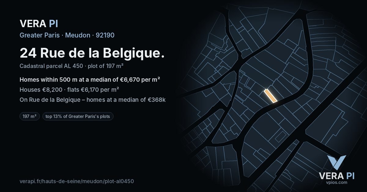 24 Rue de la Belgique, Meudon at night – the plot lit, the parcels around coloured by the prices near them