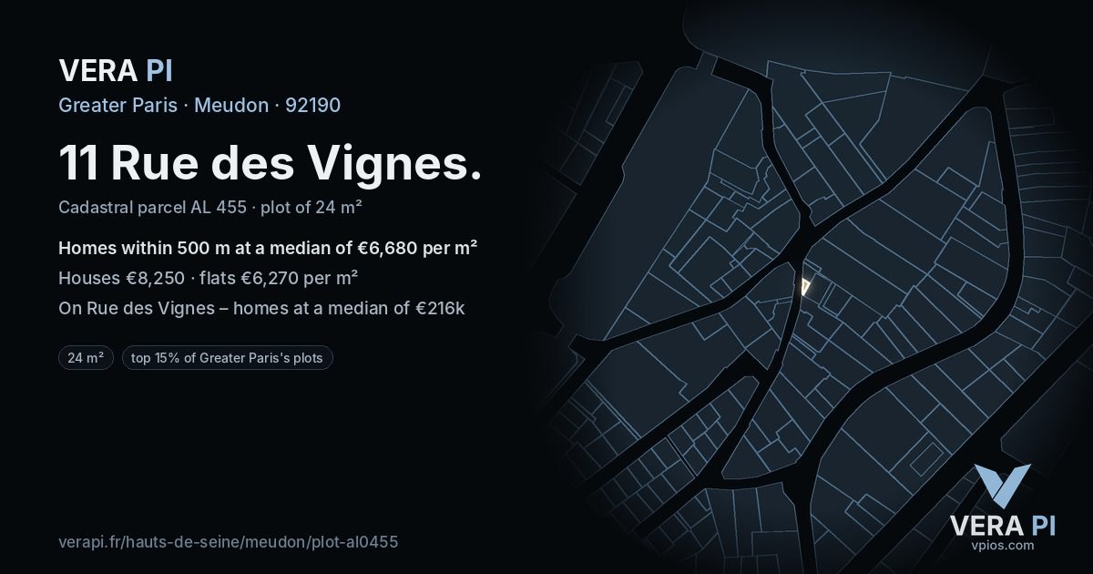 11 Rue des Vignes, Meudon at night – the plot lit, the parcels around coloured by the prices near them