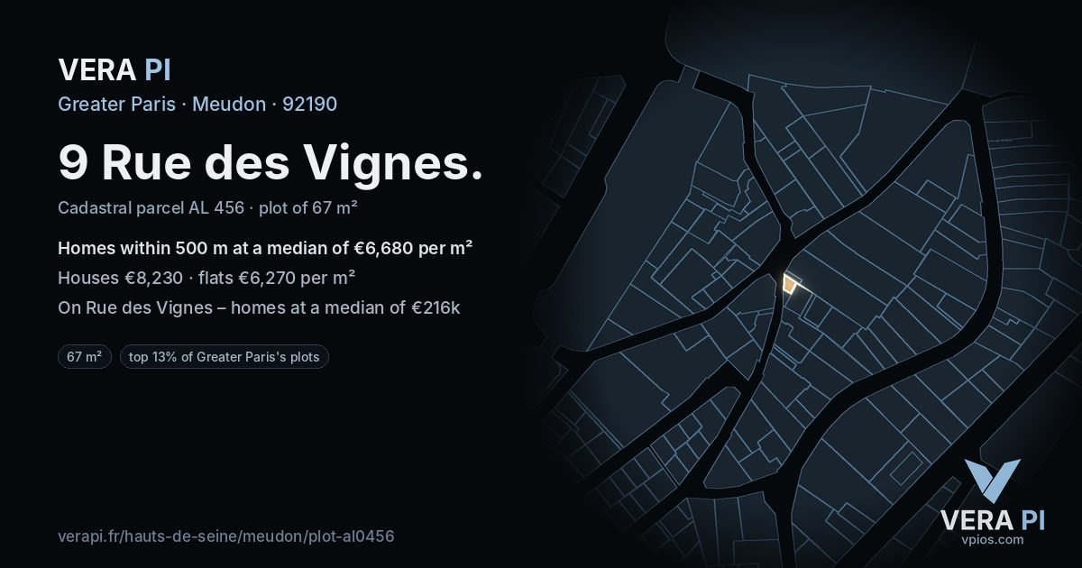 9 Rue des Vignes, Meudon at night – the plot lit, the parcels around coloured by the prices near them