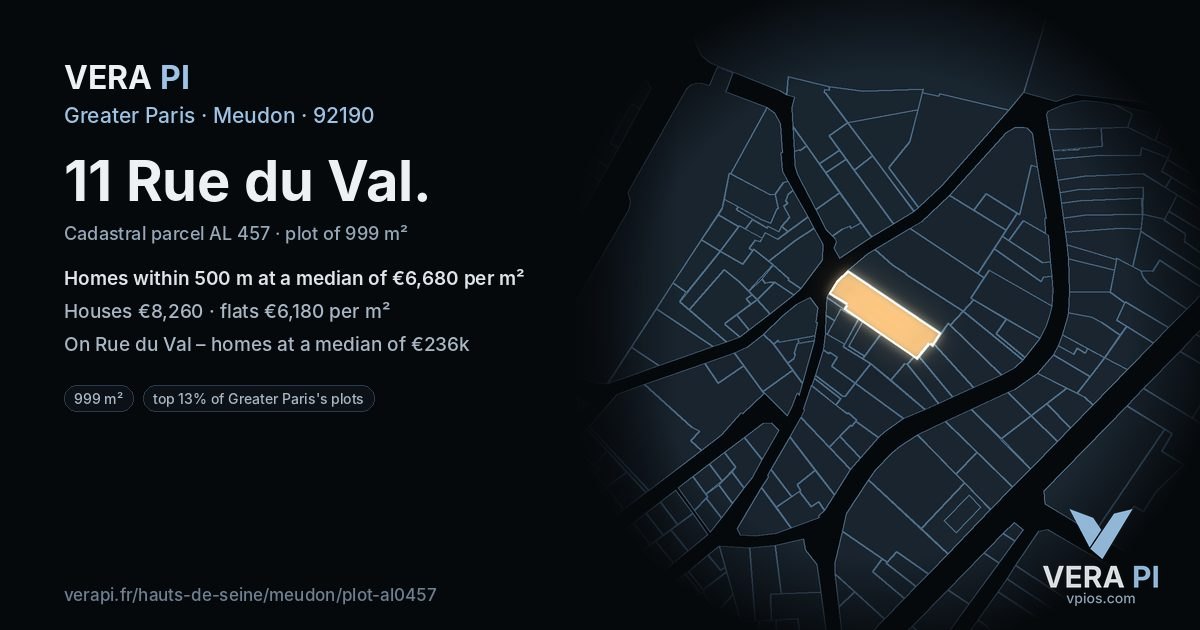 11 Rue du Val, Meudon at night – the plot lit, the parcels around coloured by the prices near them