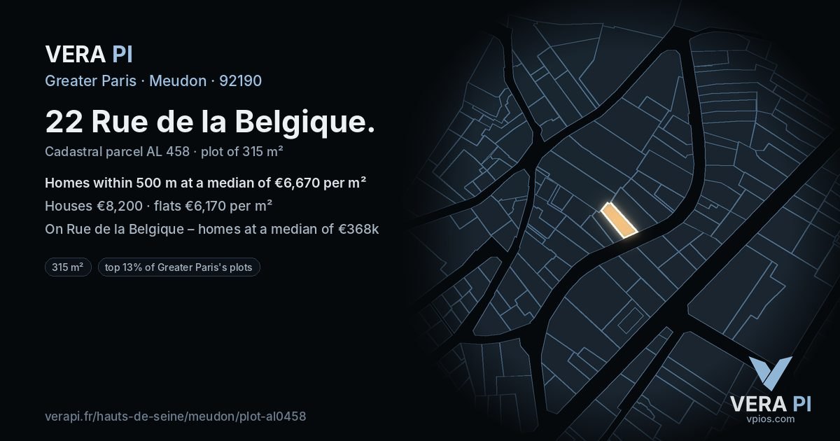 22 Rue de la Belgique, Meudon at night – the plot lit, the parcels around coloured by the prices near them