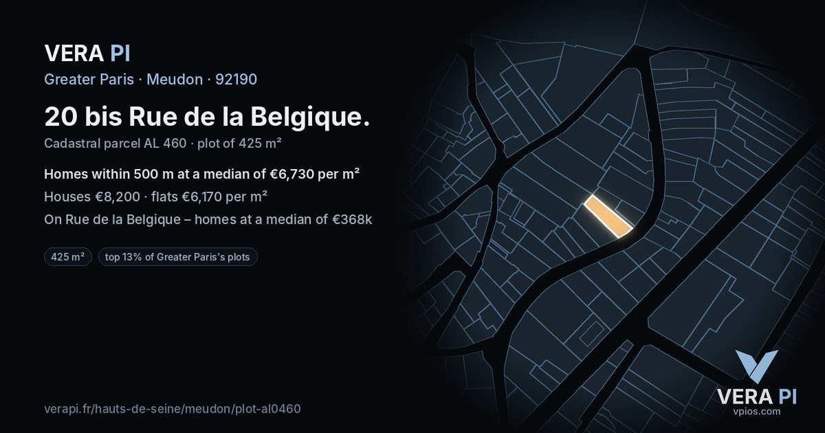 20 bis Rue de la Belgique, Meudon at night – the plot lit, the parcels around coloured by the prices near them