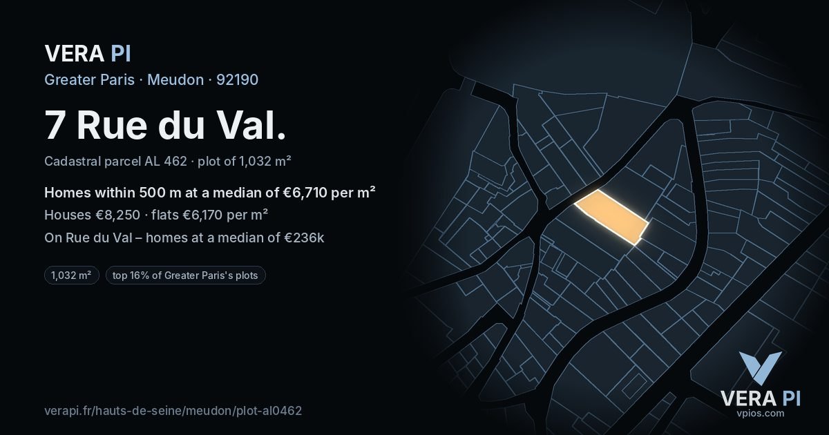 7 Rue du Val, Meudon at night – the plot lit, the parcels around coloured by the prices near them