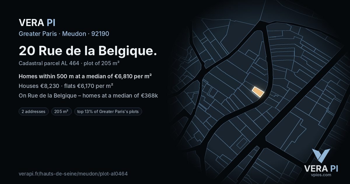 20 Rue de la Belgique, Meudon at night – the plot lit, the parcels around coloured by the prices near them