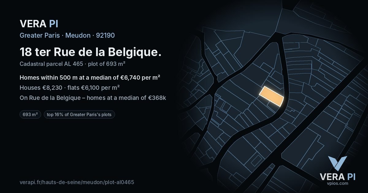 18 ter Rue de la Belgique, Meudon at night – the plot lit, the parcels around coloured by the prices near them