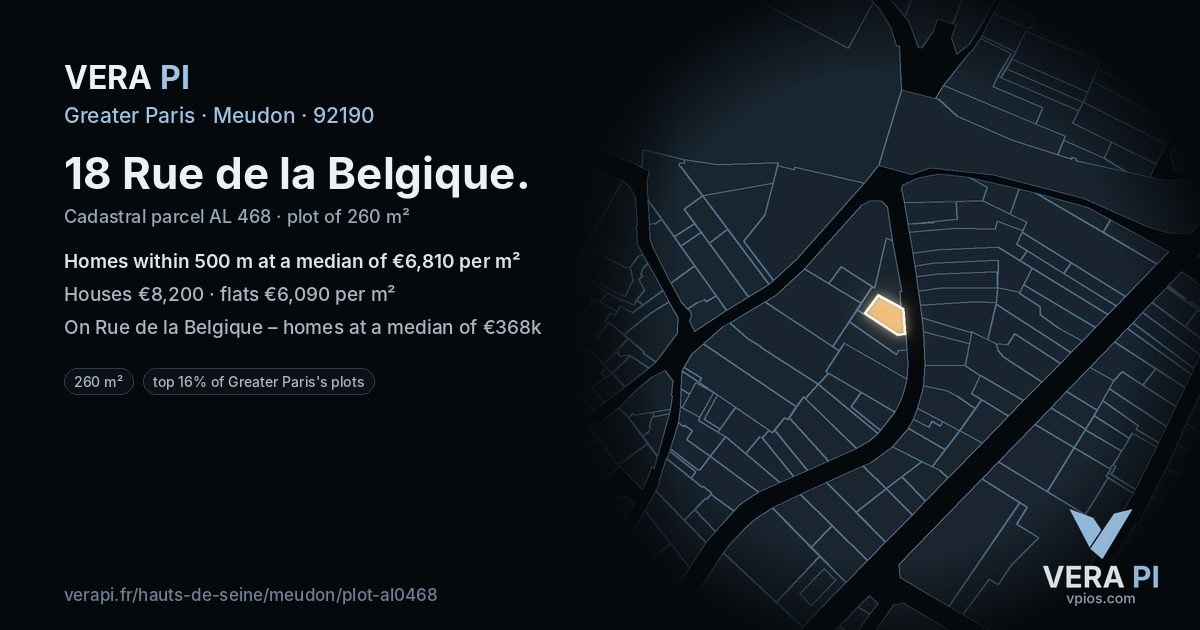 18 Rue de la Belgique, Meudon at night – the plot lit, the parcels around coloured by the prices near them