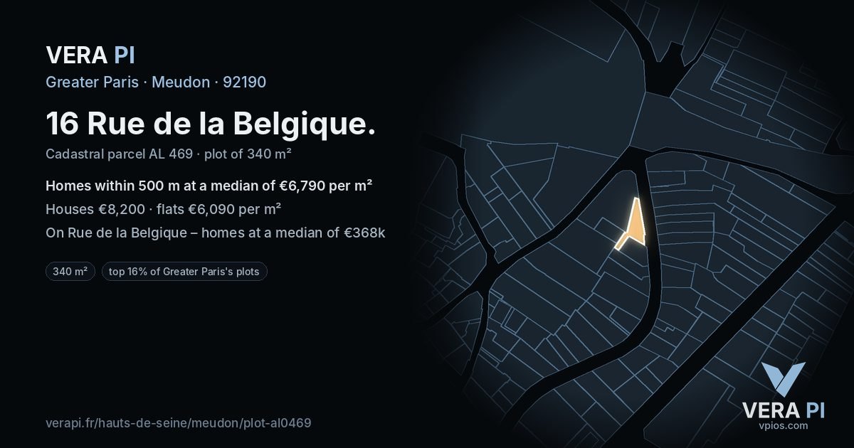 16 Rue de la Belgique, Meudon at night – the plot lit, the parcels around coloured by the prices near them