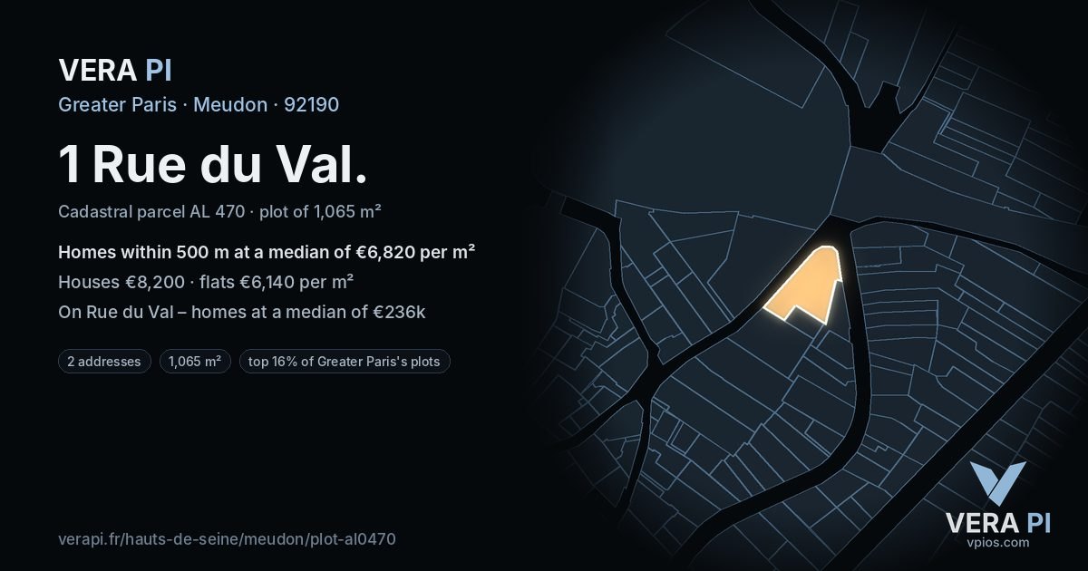 1 Rue du Val, Meudon at night – the plot lit, the parcels around coloured by the prices near them