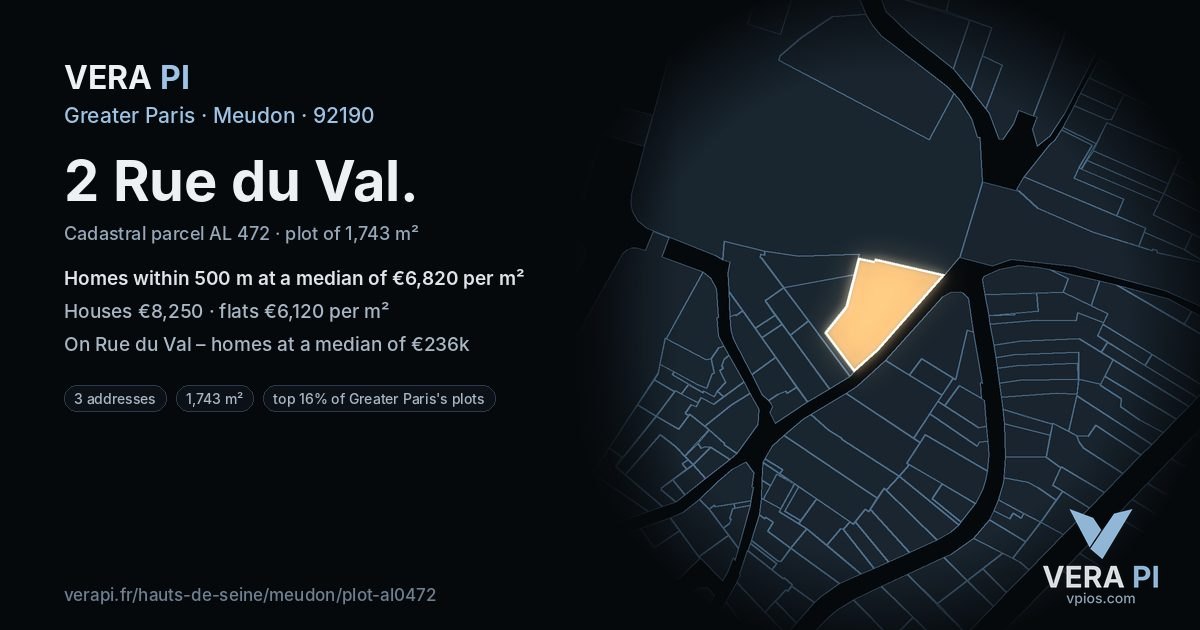 2 Rue du Val, Meudon at night – the plot lit, the parcels around coloured by the prices near them