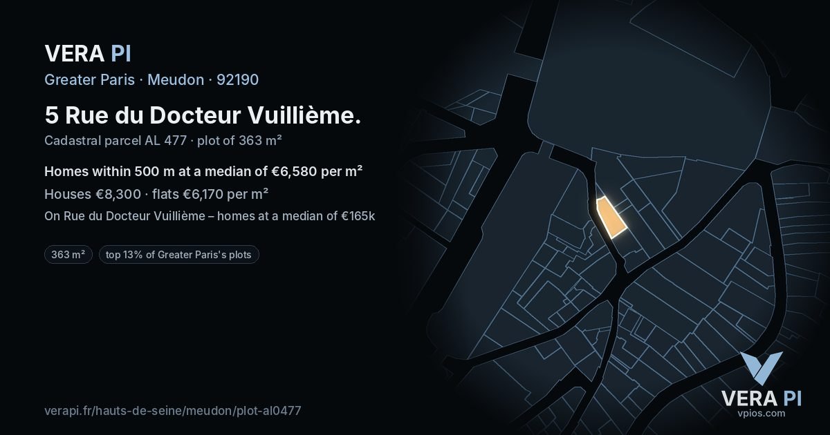 5 Rue du Docteur Vuillième, Meudon at night – the plot lit, the parcels around coloured by the prices near them
